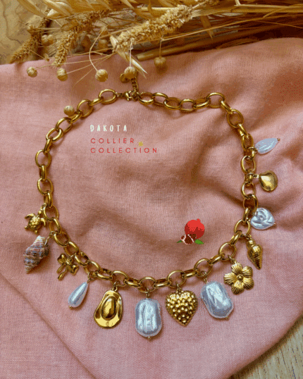 Collier grosses mailles avec 13 breloques en acier inoxydable