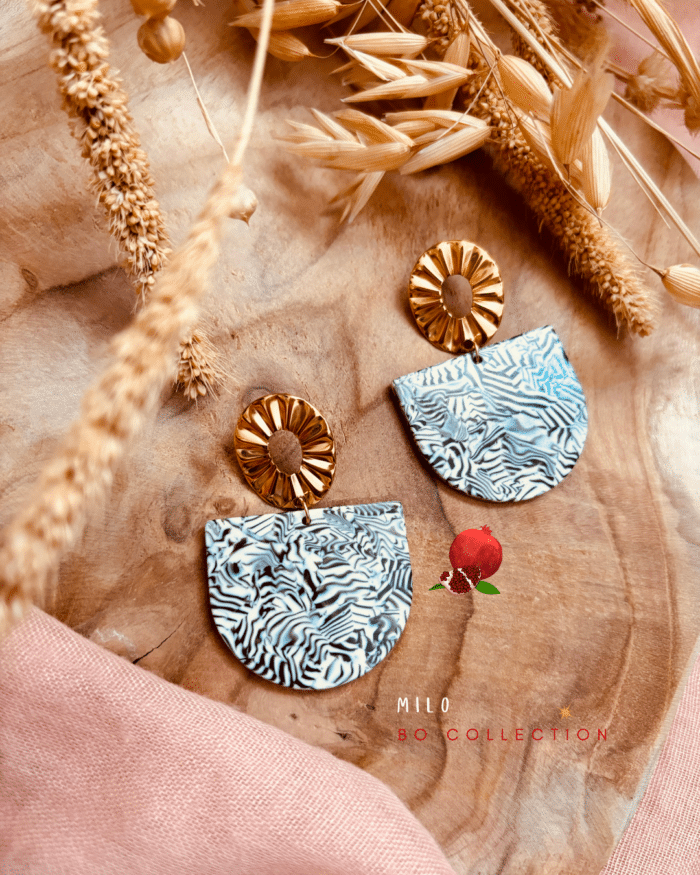 Boucle d'oreille avec pendentif en résine motifs zébré noir et blanc