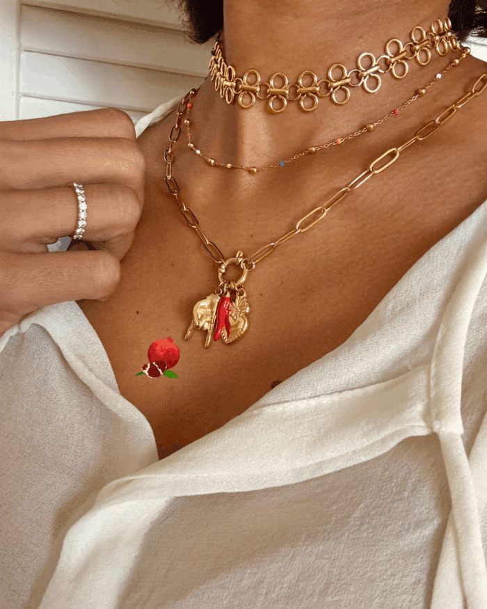 Collier avec maille rectangulaire et grand fermoir rond en acier inoxydable avec 3 breloques amovibles en acier inoxydable : coeur, piment, main