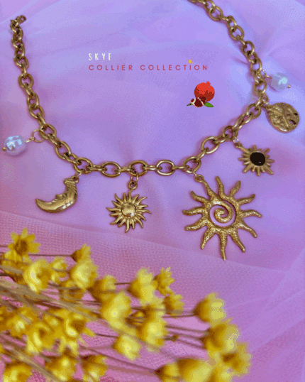 Collier composé de 7 breloques en acier inoxydable avec breloques : perles nacrées, soleil, lune, astres, ...