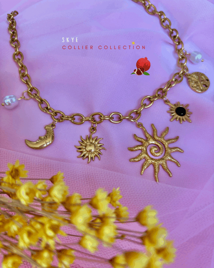Collier composé de 7 breloques en acier inoxydable avec breloques : perles nacrées, soleil, lune, astres, ...