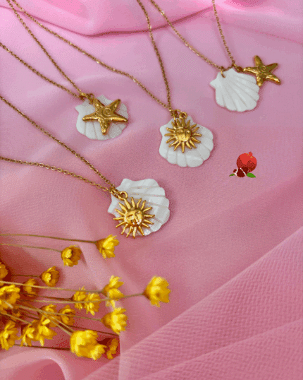 Collier en acier inoxydable avec coquillage en nacre (2,5cm de large) 2 modèles au choix : pendentif étoile ou pendentif soleil