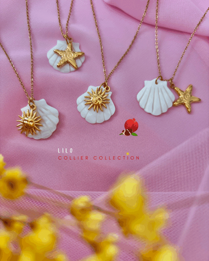 Collier en acier inoxydable avec coquillage en nacre (2,5cm de large) 2 modèles au choix : pendentif étoile ou pendentif soleil