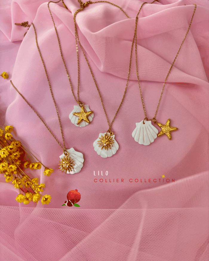 Collier en acier inoxydable avec coquillage en nacre (2,5cm de large) 2 modèles au choix : pendentif étoile ou pendentif soleil