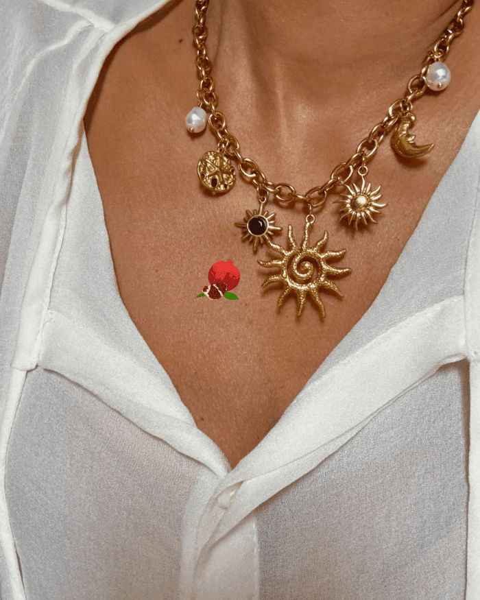 Collier composé de 7 breloques en acier inoxydable avec breloques : perles nacrées, soleil, lune, astres, ...