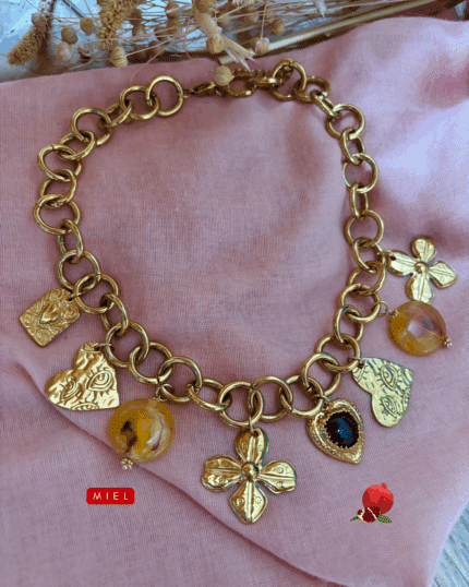 Collier grosses mailles avec 8 grandes breloques  Chaine et breloques dorées en acier inoxydable
