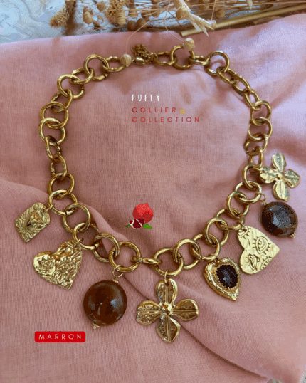 Collier grosses mailles avec 8 grandes breloques  Chaine et breloques dorées en acier inoxydable