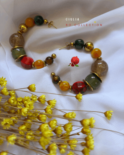 Boucle d'oreille de type créole avec perles rondes en résine et en acier inoxydable aux coloris multicolores