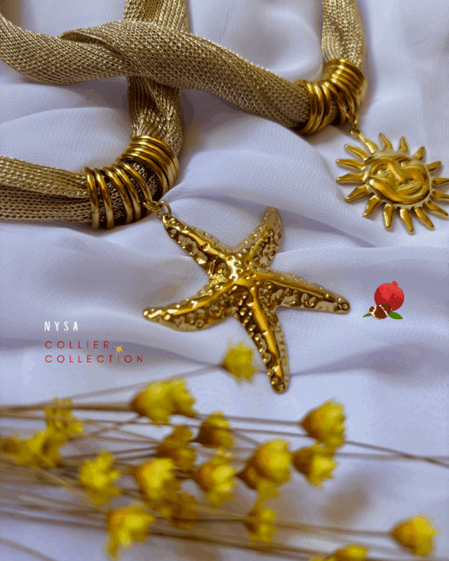 Collier en lurex doré avec pendentifs en acier inoxydable : soleil ou étoile de mer