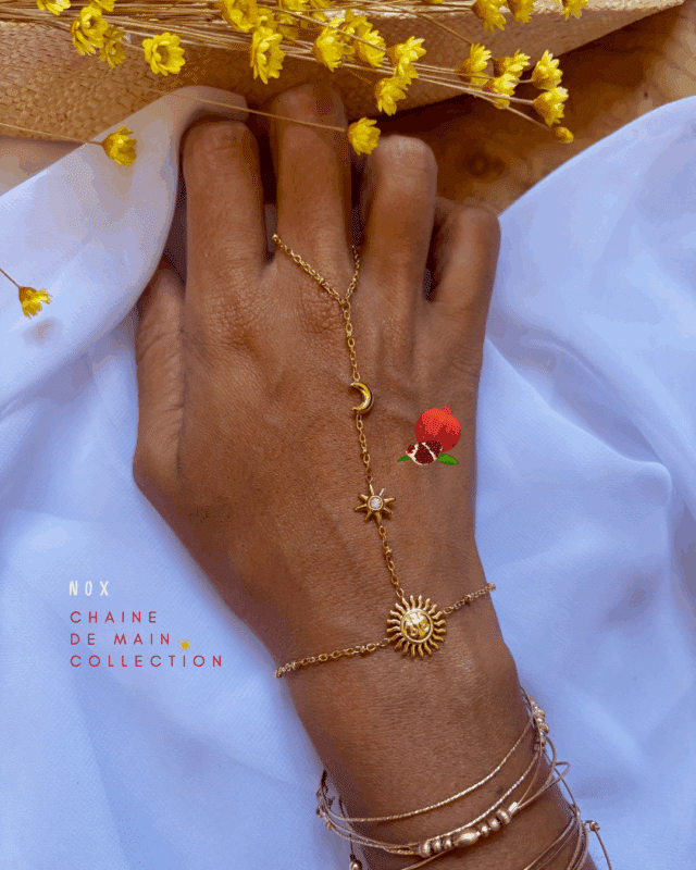 Chaine de main en acier inoxydable orné de 3 astres : soleil, étoile, lune