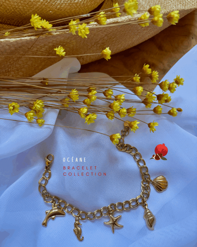 Chaine en acier inoxydable avec gros maillons 5 pendentifs sur la thématique de la mer : coquillages, poisson, dauphin