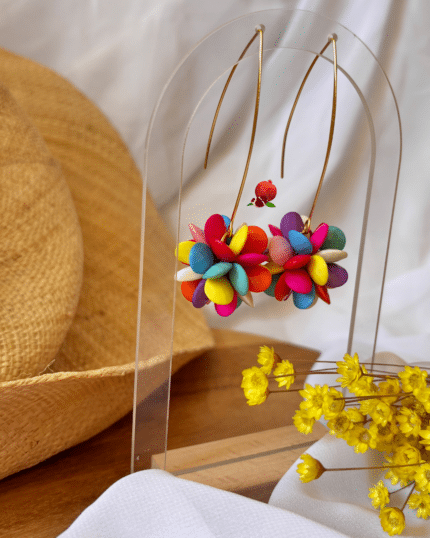 Boucle d'oreille pendante colorée multicolore en laiton dorée à l'or fin Pendentif en résine Longueur : 7cm