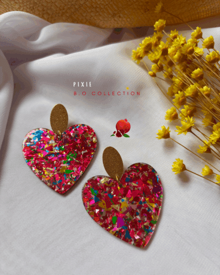 Boucle d'oreille en forme de coeur XXL Pendentif coeur à paillettes en résine  Longueur 5,5cm