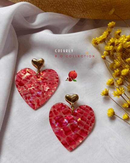 Boucle d'oreille en forme de coeur XXL Pendentif coeur à paillettes en résine et clou d'oreille en forme de coeur en acier inoxydable  Longueur 5,5 cm