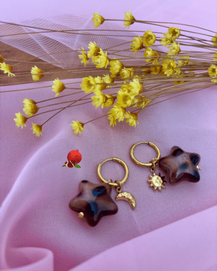 Boucle d'oreille en forme de petite créole en acier inoxydable Pendentifs étoile en résine et astres (soleil et lune) en acier inoxydable