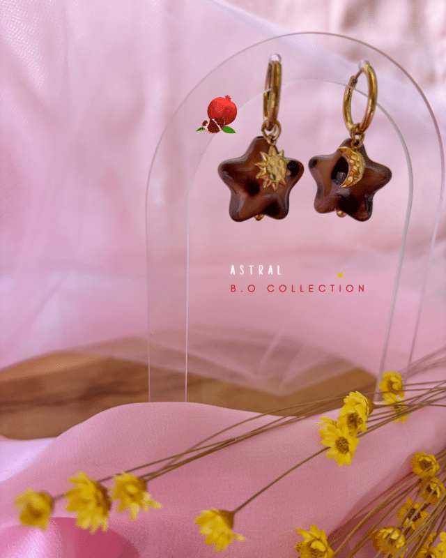 Boucle d'oreille en forme de petite créole en acier inoxydable Pendentifs étoile en résine et astres (soleil et lune) en acier inoxydable