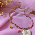 Chaine à gros maillons en acier inoxydable Pendentif gros coeur en acétate (3 cm) Coloris écru marbré