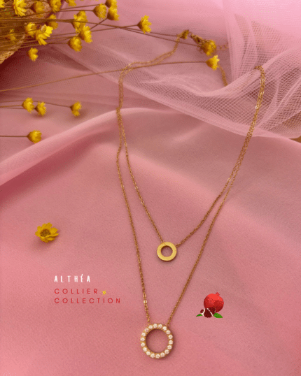 Collier double rang composé de 2 petits ornements ronds  Acier inoxydable et zirconium