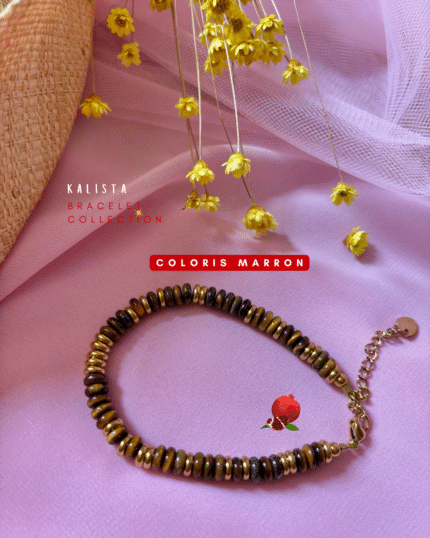 Bracelet avec alternance de petites perles plates colorées en pierre naturelles et dorées en acier inoxydable Plusieurs coloris : multicolore, vert olive, bleu nuit, marron