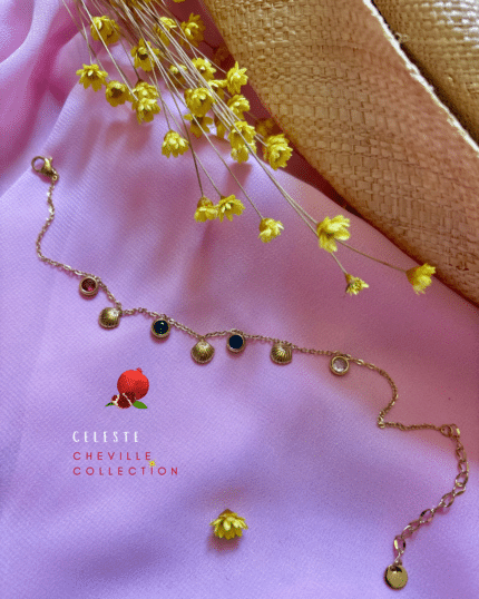 Chaine de cheville colorée avec 7 petites pampilles Acier inoxydable