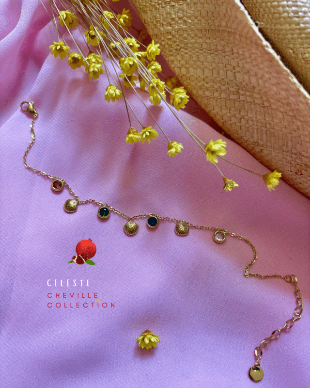 Chaine de cheville colorée avec 7 petites pampilles Acier inoxydable