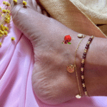 Chaine de cheville double avec pampilles et perles Acier inoxydable