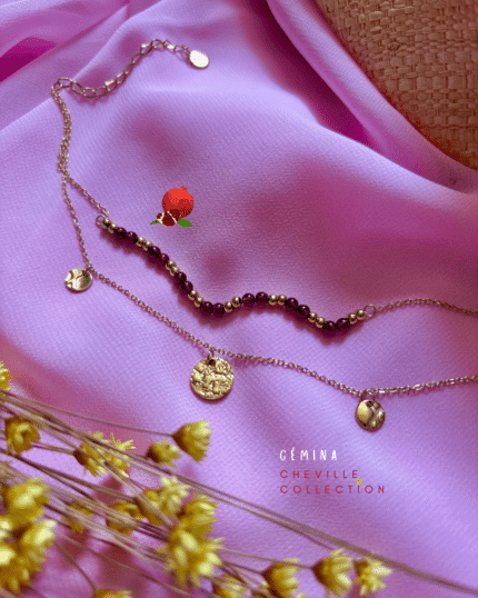 Chaine de cheville double avec pampilles et perles Acier inoxydable