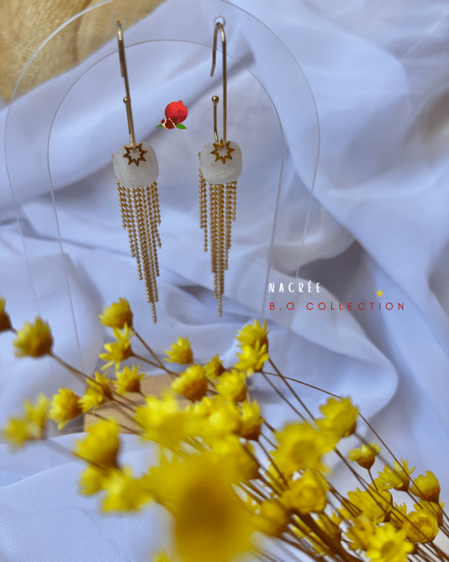 CREATION EN EDITION EXCLUSIVE Boucle d’oreille pendante composée d’un pendentif carré en pierre naturelle et d’une pampille 2 coloris au choix : ambré ou blanc Clou d’oreille en acier inoxydable Poids : 3 grs
