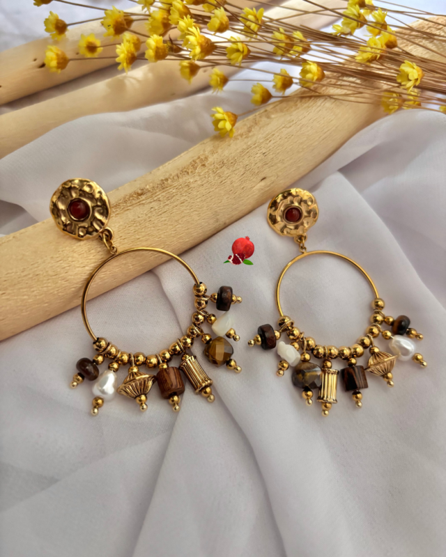 Boucle d'oreilles de type créole avec petites pampilles Clou d'oreille rond texturé en acier inoxydable Longueur : 6cm Diamètre : 3 cm Poids : 7gr
