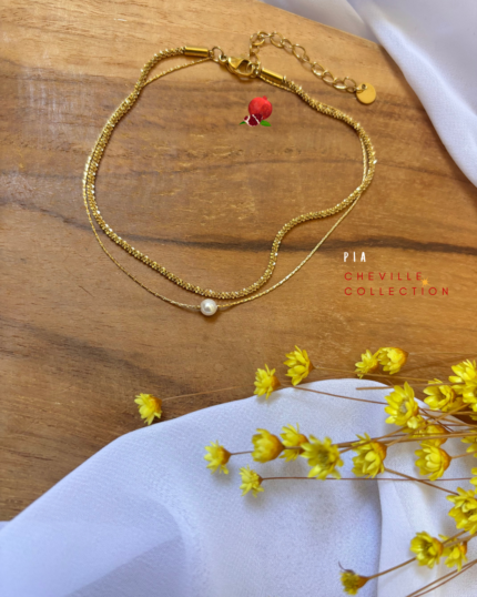 Chaine de cheville double en acier inoxydable avec perle d'eau douce